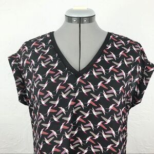 Worthington Black Hummingbird Print V Neck Blouse